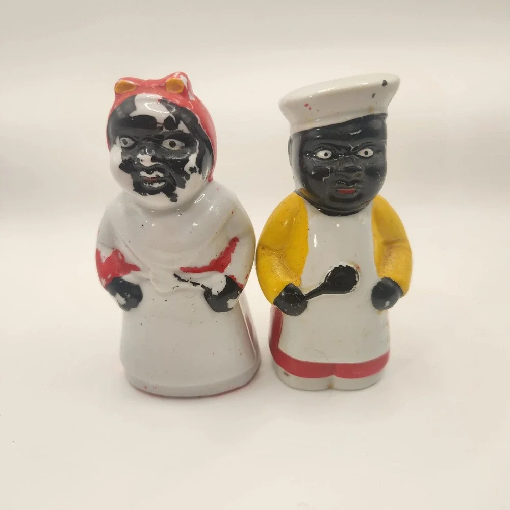 Vintage Black Americana Ceramic Salt and Pepper Shakers Chef and Mammy Set 4in